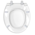 Top-down view of the Topseat Plus plastic round white toilet seat with the lid open showing the seat ring.