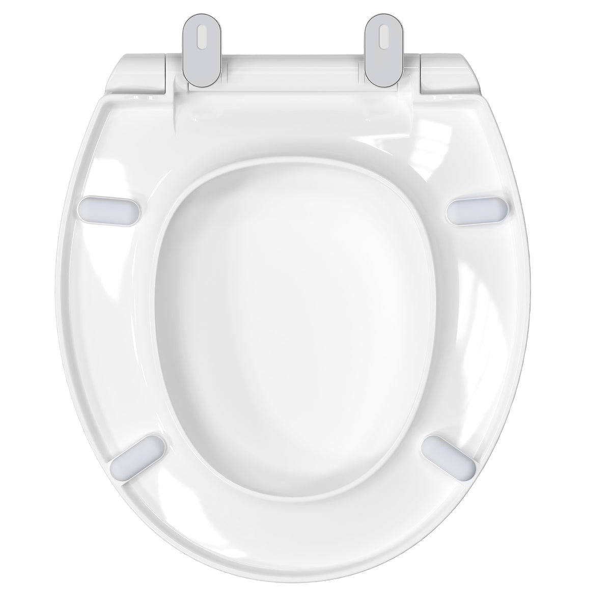 Top-down view of the Topseat Plus plastic round white toilet seat with the lid open showing the seat ring.