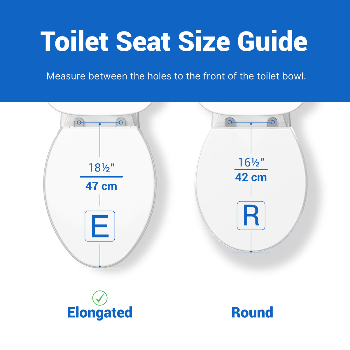 Toilet seat size guide comparing elongated and round sizes to ensure proper fit for the Topseat Plus series.