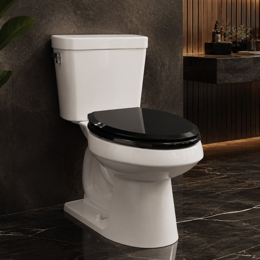 opseat Pro Elite black toilet seat on a white toilet in a modern dark bathroom