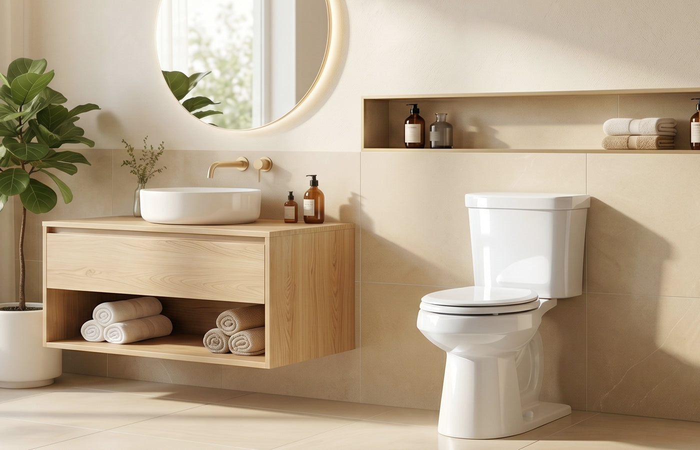 A bright, modern bathroom interior featuring a Topseat premium white wood toilet seat. The pristine white seat with its high-gloss finish is installed on a classic toilet, perfectly complementing the natural oak vanity, warm sunlight, and relaxing spa-like decor.