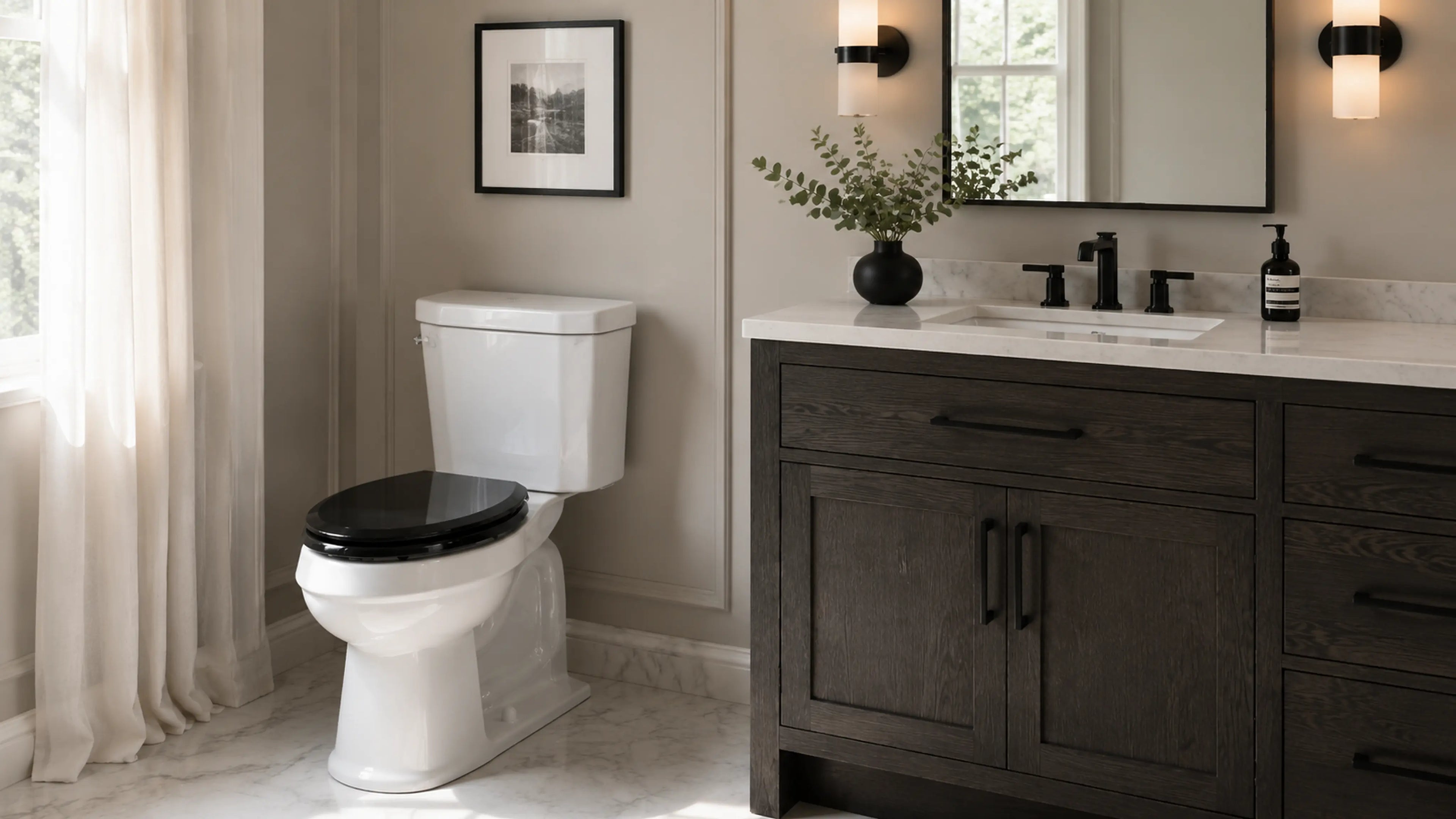 Topseat Pro Elite black elongated toilet seat in a modern bathroom