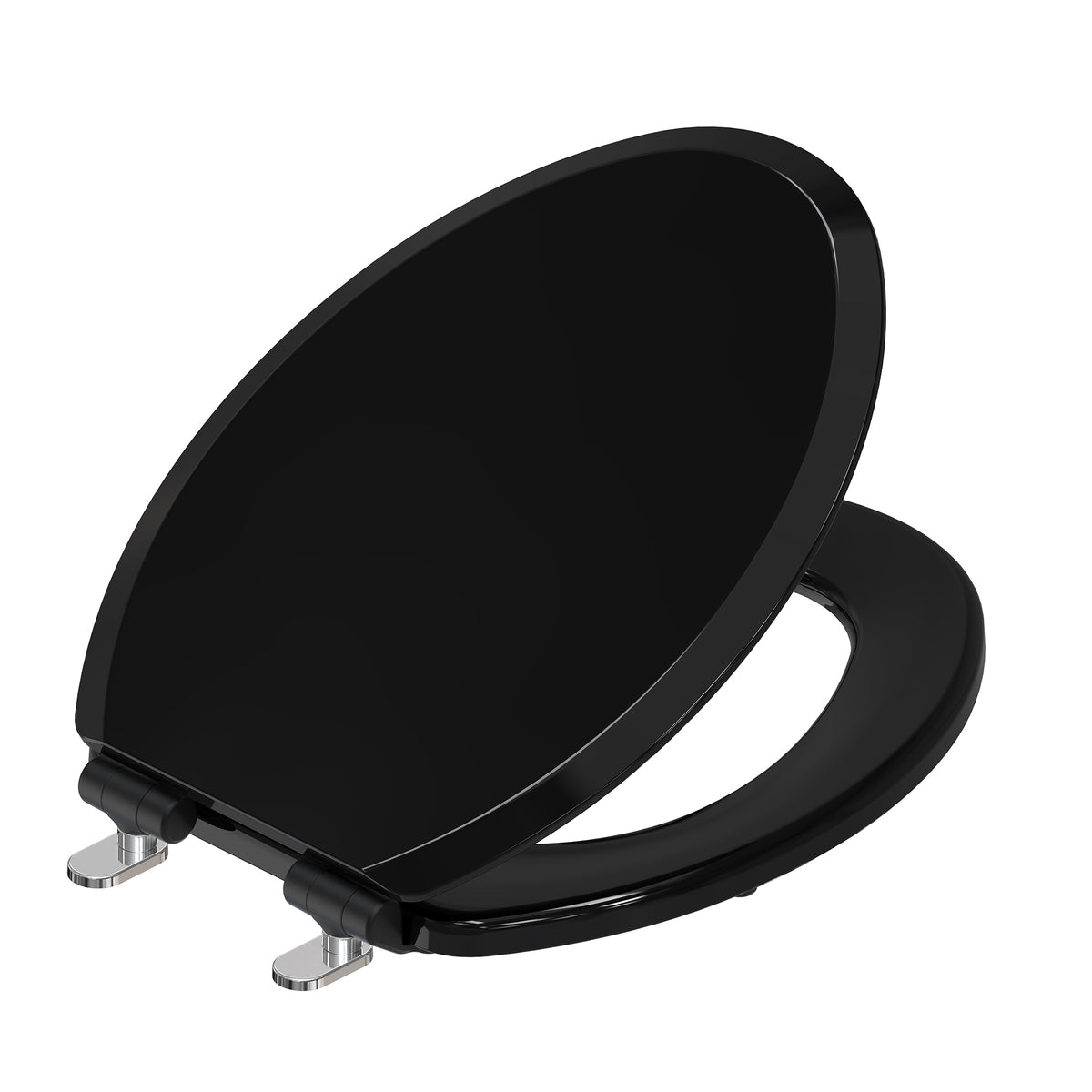 Topseat Pro Elite black elongated wood toilet seat, angled open view