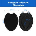 Topseat Pro Elite elongated wood toilet seat in black, measuring 18 1/2 inches long and 14 3/16 inches wide with 5 1/2-inch mounting hole spacing
