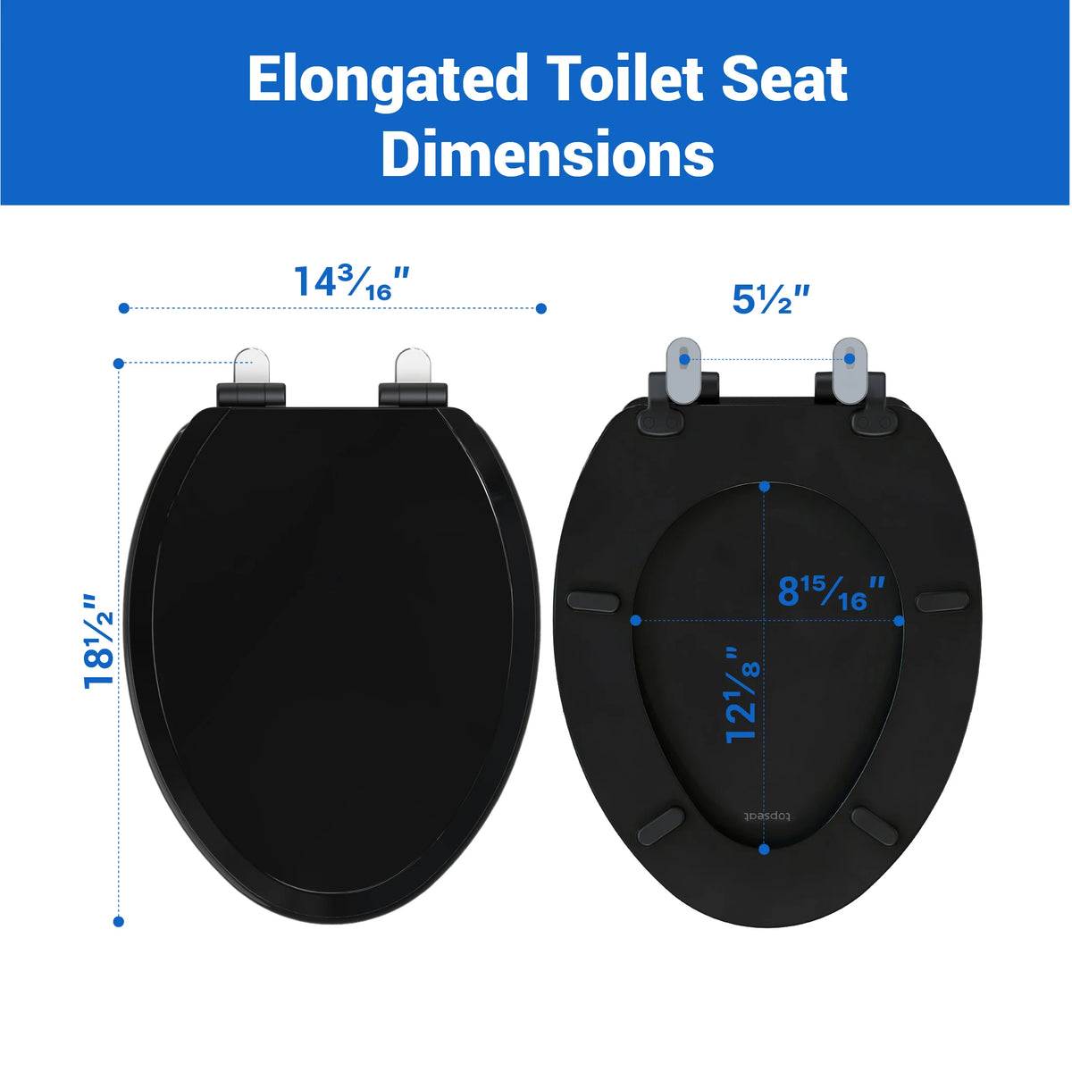 Topseat Pro Elite elongated wood toilet seat in black, measuring 18 1/2 inches long and 14 3/16 inches wide with 5 1/2-inch mounting hole spacing