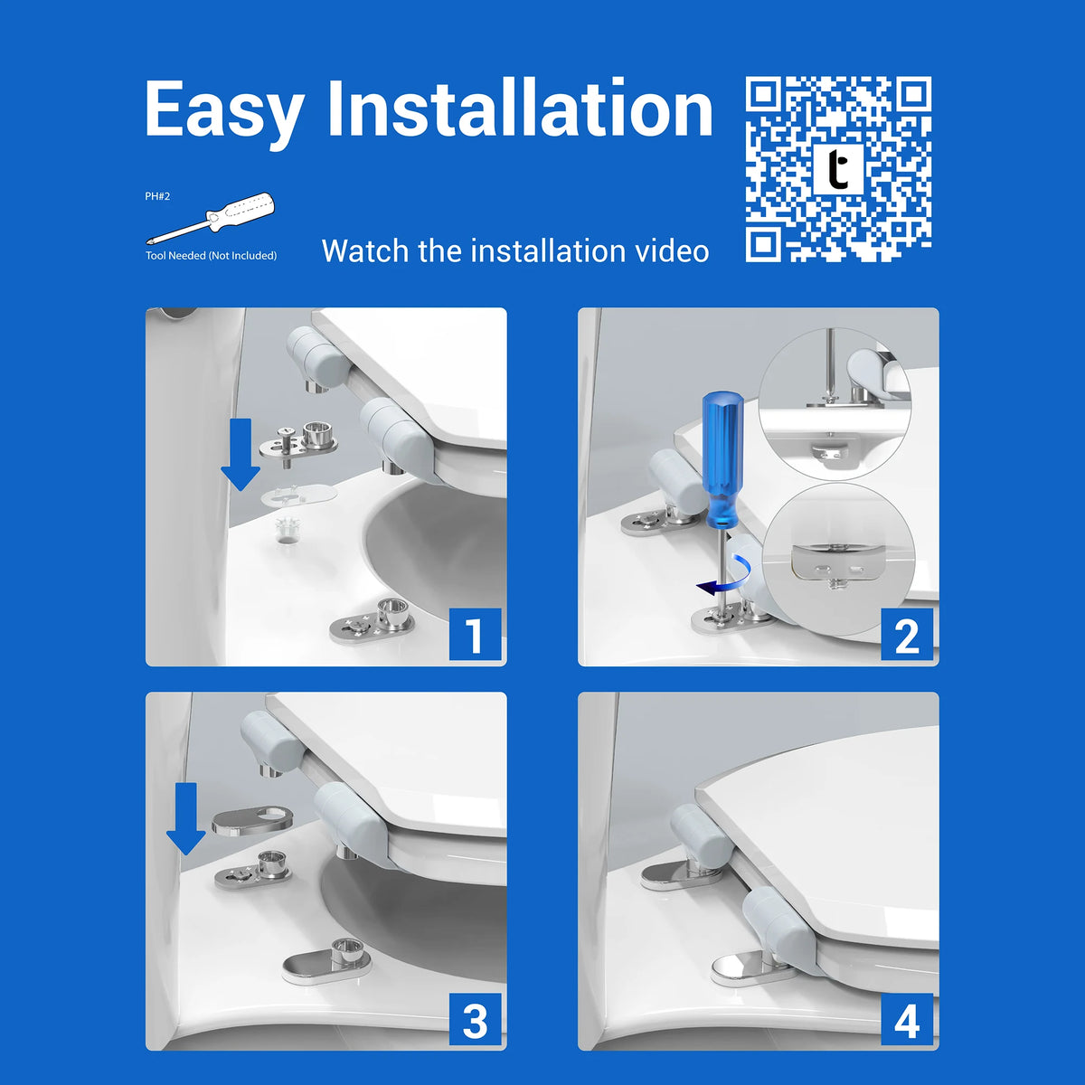 Topseat Pro Elite elongated wood toilet seat installation guide with four steps and a video QR code