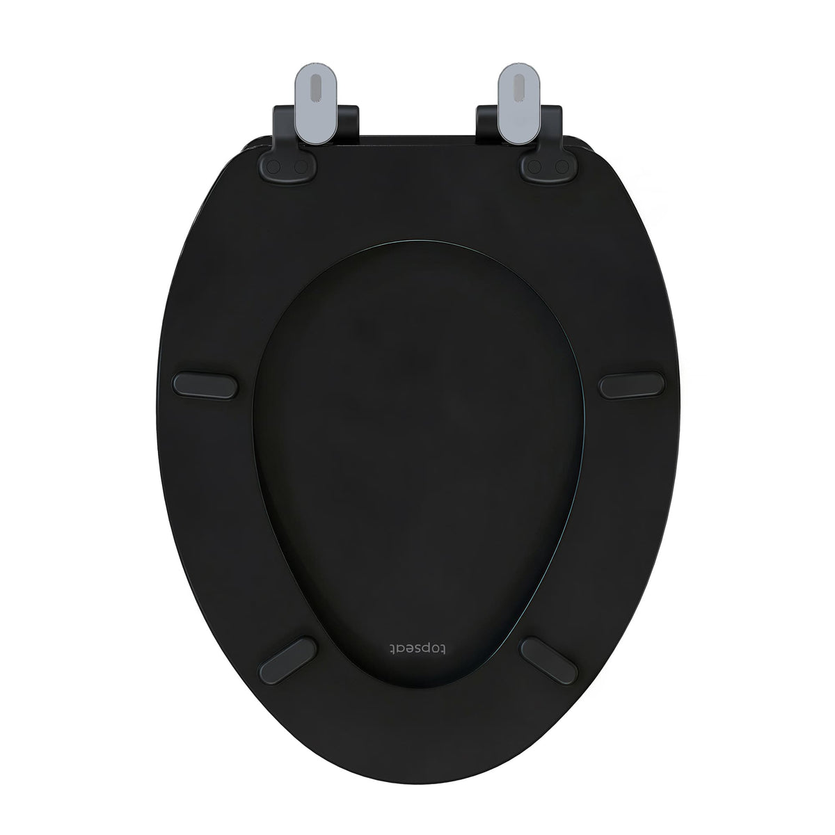 Topseat Pro Elite black elongated wood toilet seat, underside with four non-slip bumpers and mounting hardware