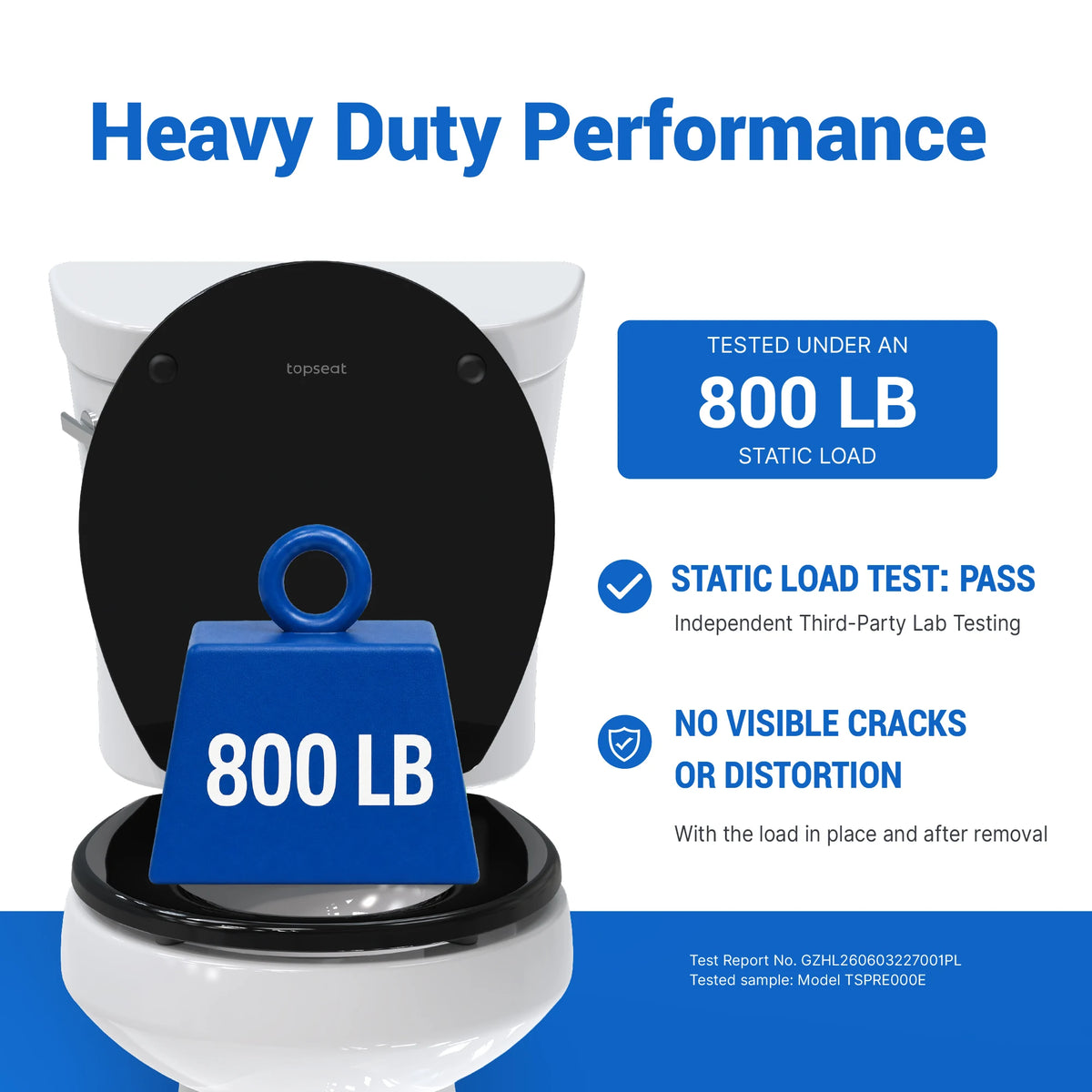 topseat Pro Elite black round wood toilet seat infographic with an 800 lb static load test illustration