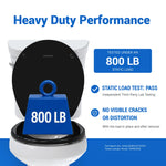 topseat Pro Elite black round wood toilet seat infographic with an 800 lb static load test illustration