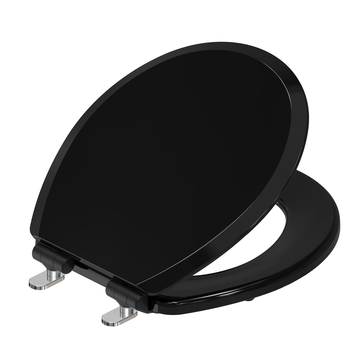 Topseat Pro Elite black round wood toilet seat with the lid partially open, angled view