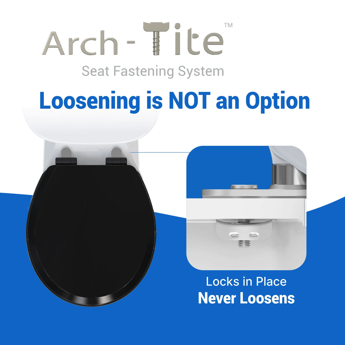 topseat Pro Elite black round wood toilet seat with Arch-Tite™ fastening system and secure mounting hardware.