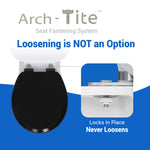 topseat Pro Elite black round wood toilet seat with Arch-Tite™ fastening system and secure mounting hardware.