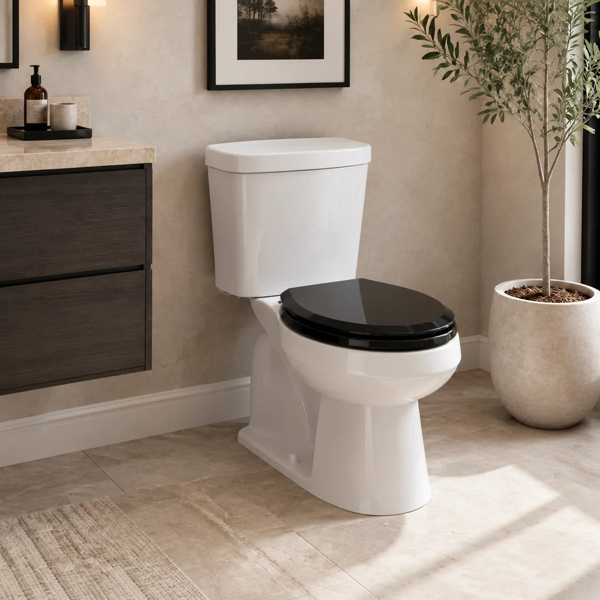Topseat Pro Elite black round wood toilet seat installed on a white toilet in a modern bathroom
