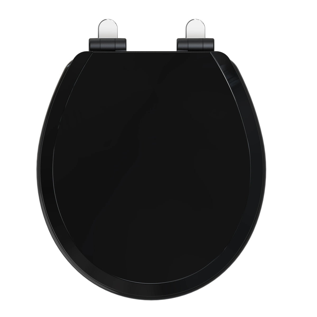 topseat Pro Elite black round wood toilet seat with the lid closed, top view