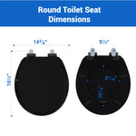 topseat Pro Elite black round wood toilet seat dimensions, including length, width and mounting hole spacing