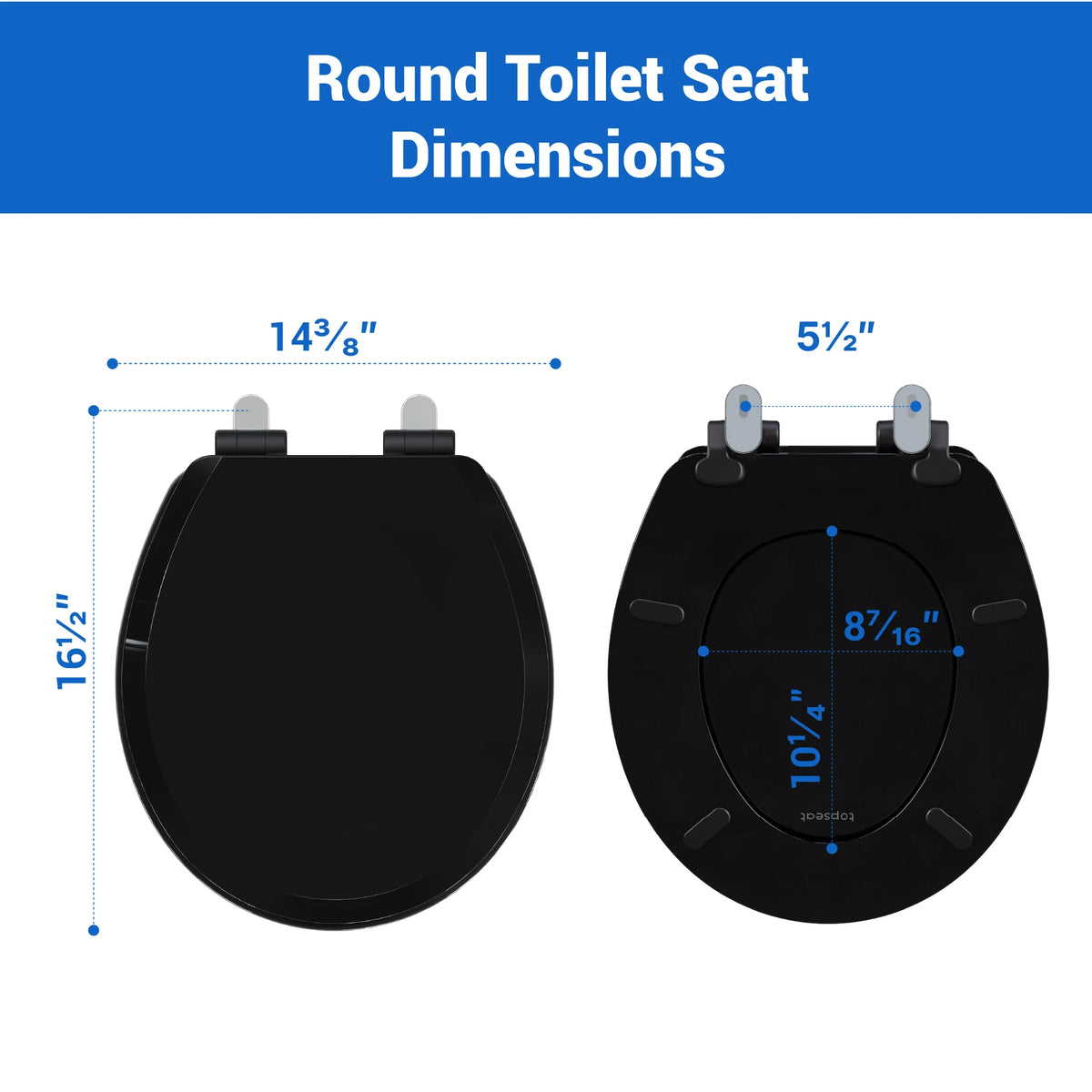 topseat Pro Elite black round wood toilet seat dimensions, including length, width and mounting hole spacing