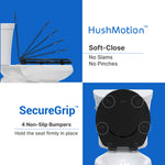 topseat Pro Elite black round wood toilet seat with HushMotion™ soft-close hinges and four SecureGrip™ non-slip bumpers.