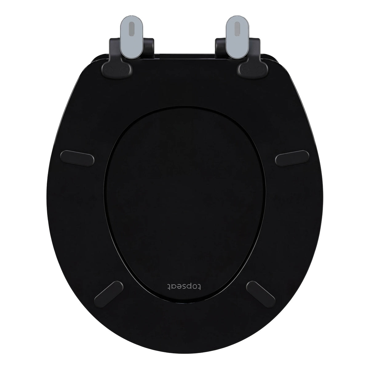 topseat Pro Elite black round wood toilet seat underside with four non-slip bumpers and mounting hinges
