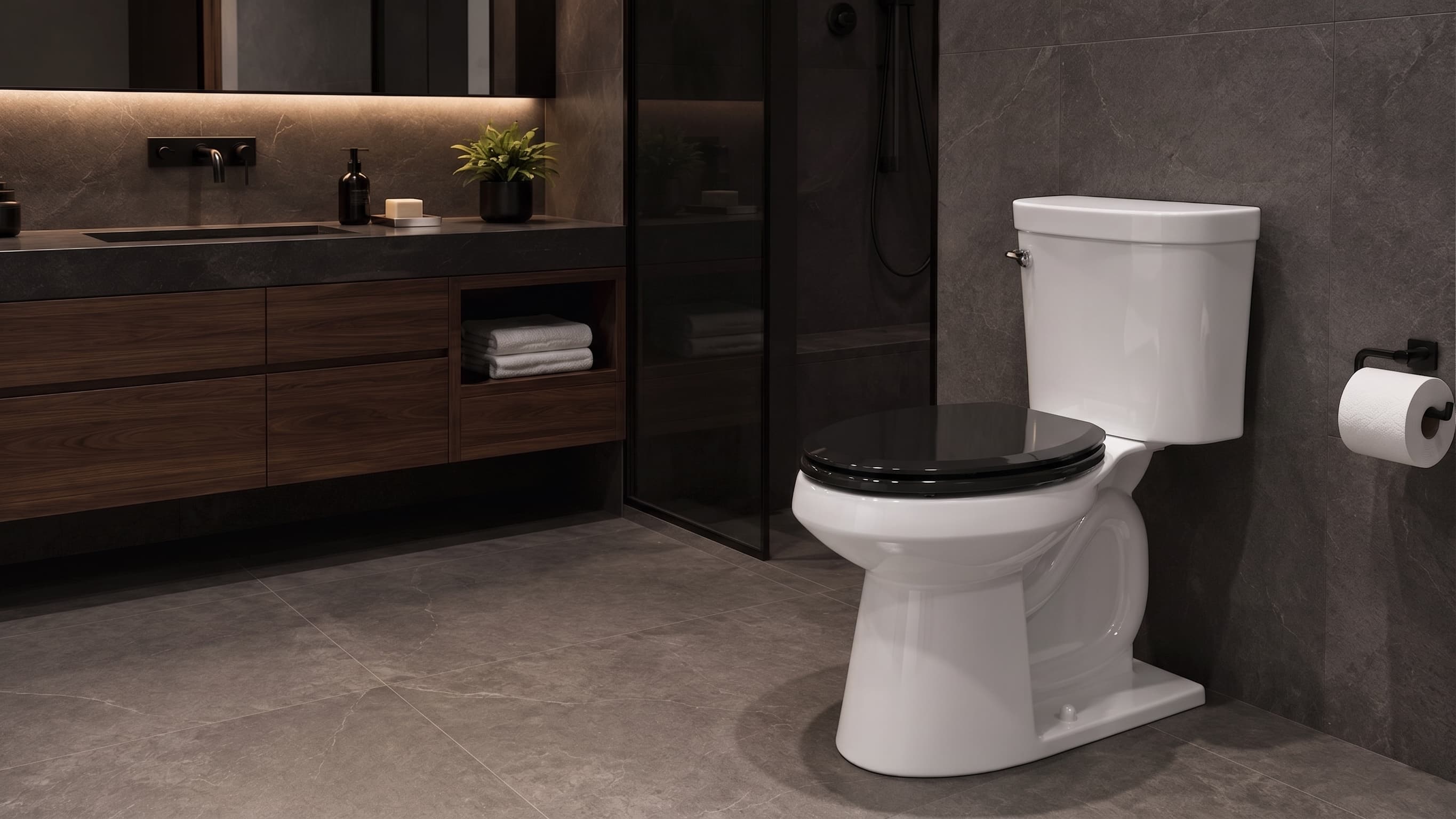 Topseat Pro Elite black wood toilet seat in an elegant dark bathroom