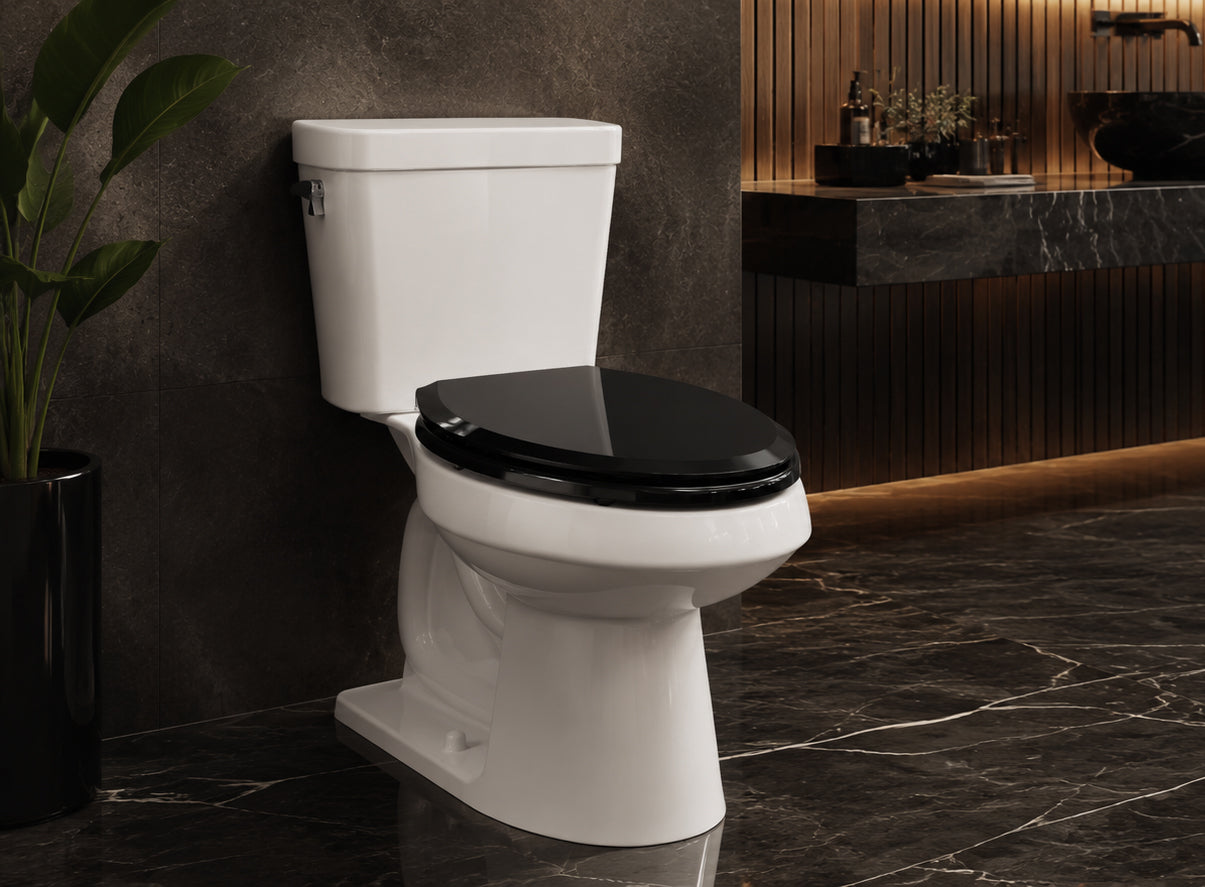 Premium black toilet seat from the Topseat Pro Elite series, showcasing its 800 lbs capacity wood construction and high-gloss black finish in a quiet luxury dark marble bathroom setting.