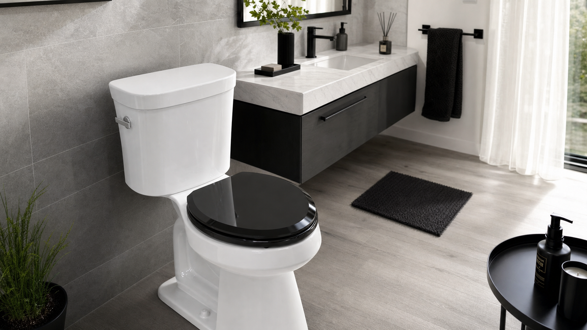 Topseat Pro Elite black toilet seat in a modern dark marble bathroom