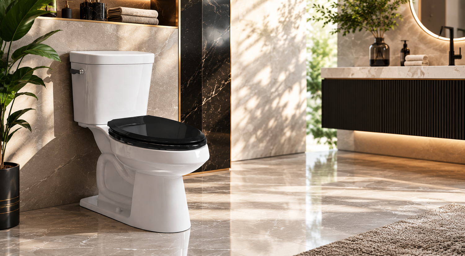 Topseat Pro Elite black wood toilet seat in a sunlit marble bathroom