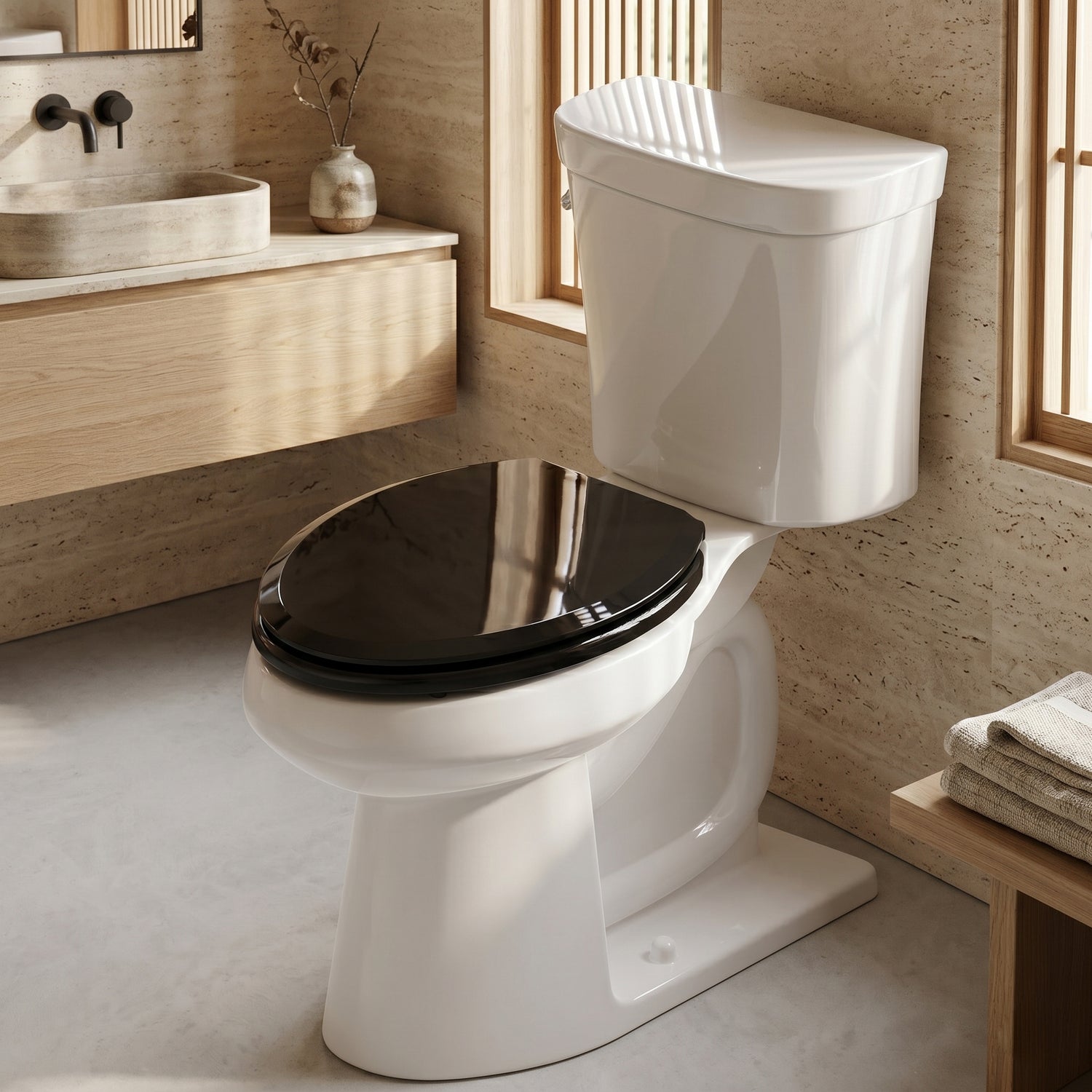 White toilet with black seat in a bathroom setting
