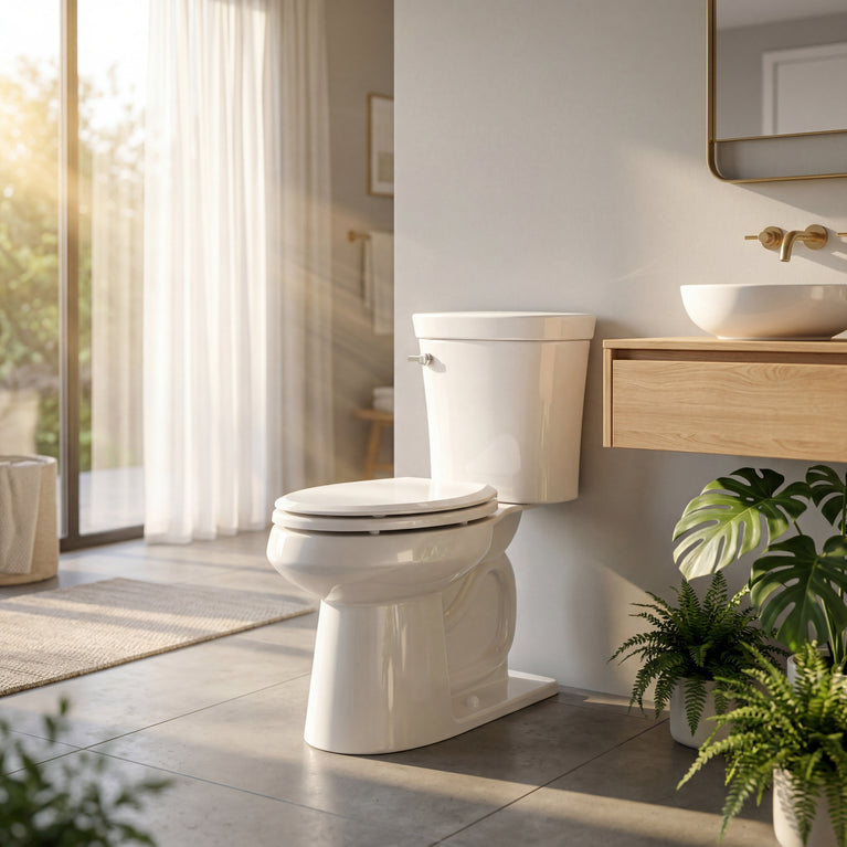 Topseat Pro Elite wood heavy duty white toilet seat, 800lbs capacity, soft close, sunlit bathroom.