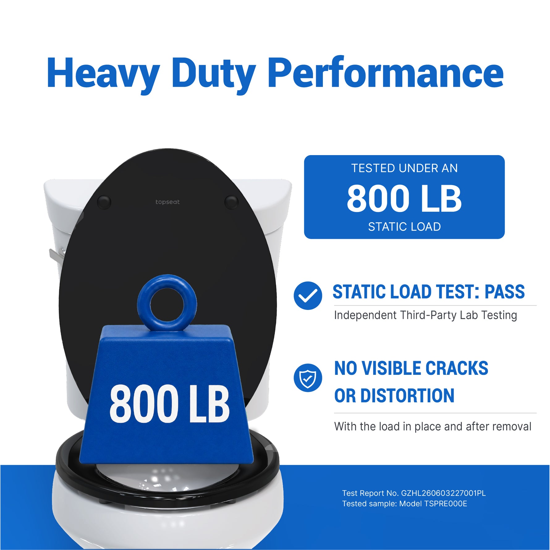 Topseat Pro Elite elongated black wood toilet seat with an 800 lb weight block, proving heavy-duty durability without distortion.