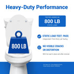 Topseat Pro Elite white elongated wood toilet seat shown in an 800 lb static load test with no visible cracks or distortion.