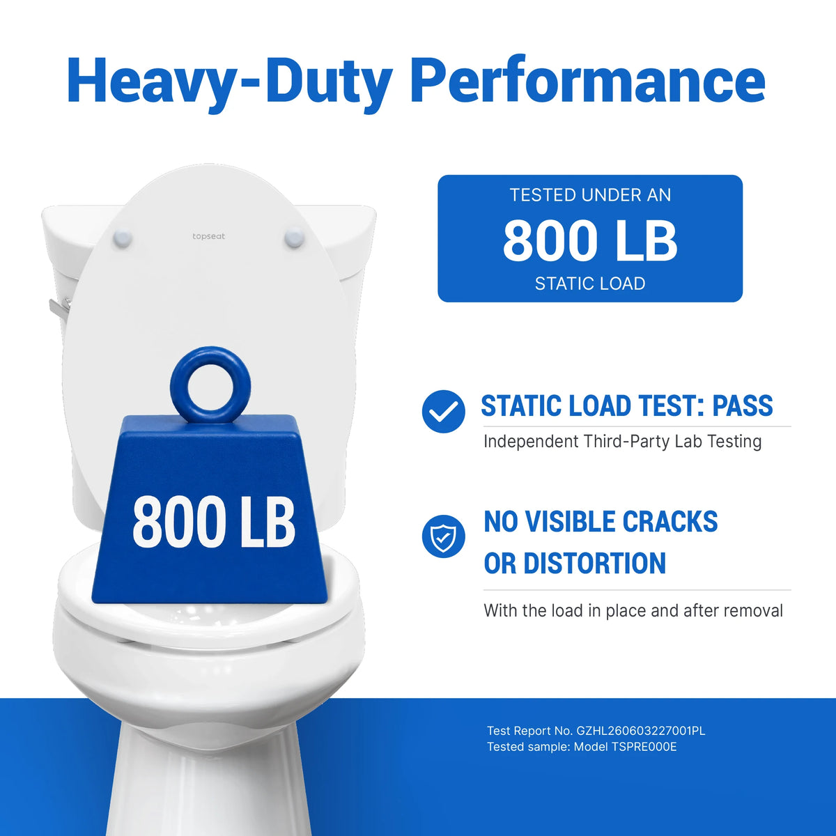 Topseat Pro Elite white elongated wood toilet seat shown in an 800 lb static load test with no visible cracks or distortion.