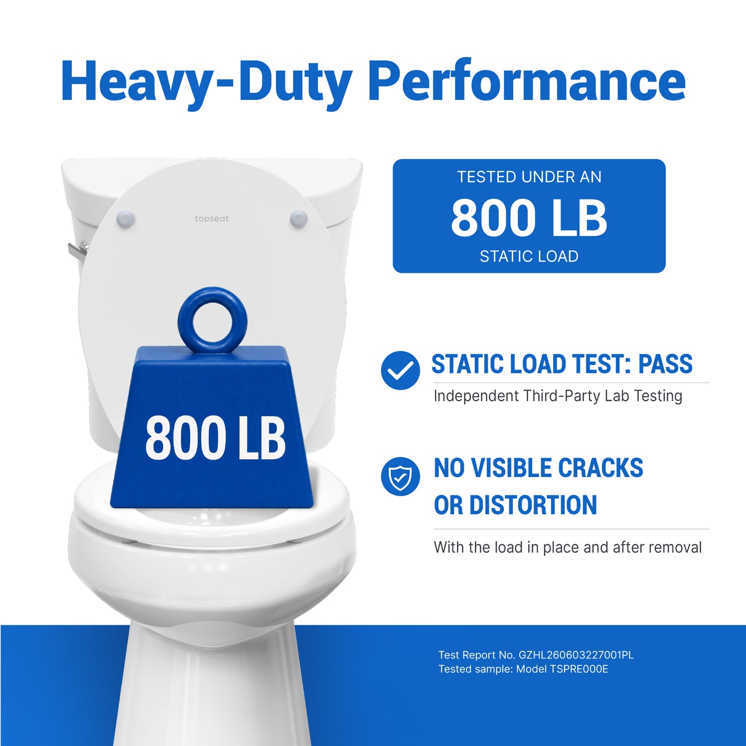 Topseat Pro Elite heavy-duty wood toilet seat tested under an 800 lb static load by an independent third-party laboratory with no visible cracks or distortion.