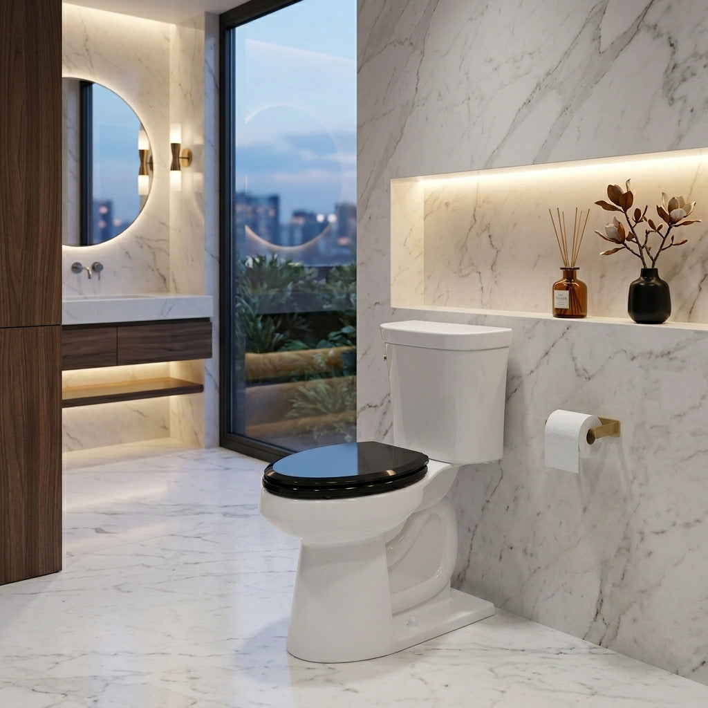 Topseat Pro Elite premium high-gloss black toilet seat installed on a white toilet in a modern Quiet Luxury marble bathroom. Features heavy-duty 800 lbs solid wood construction, soft close, and magnetic quick-release for easy clean.