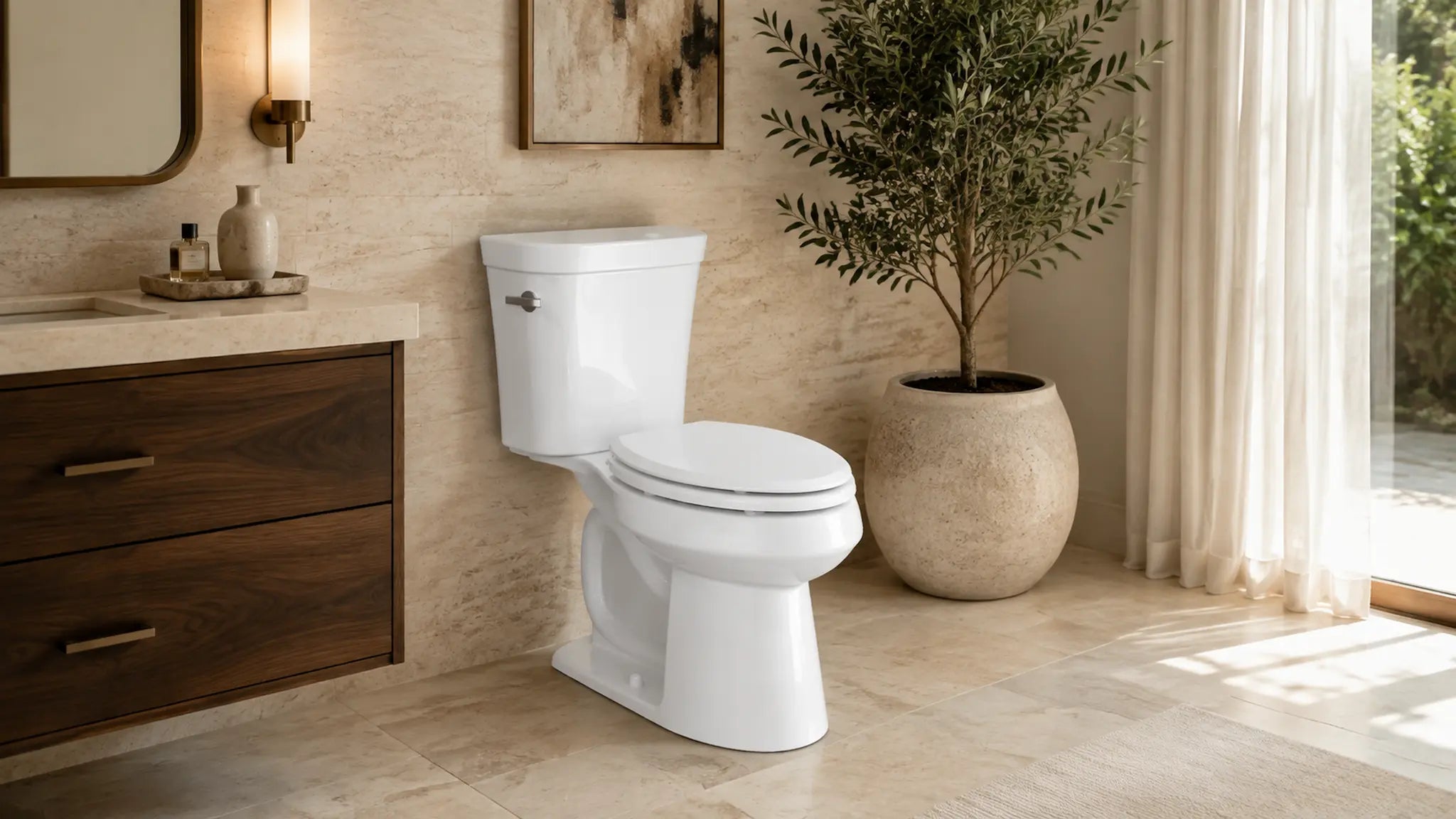 Topseat Pro Elite white elongated toilet seat in a modern bathroom
