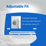 Topseat Pro Elite white round wood toilet seat with adjustable mounting hardware for front-to-back alignment