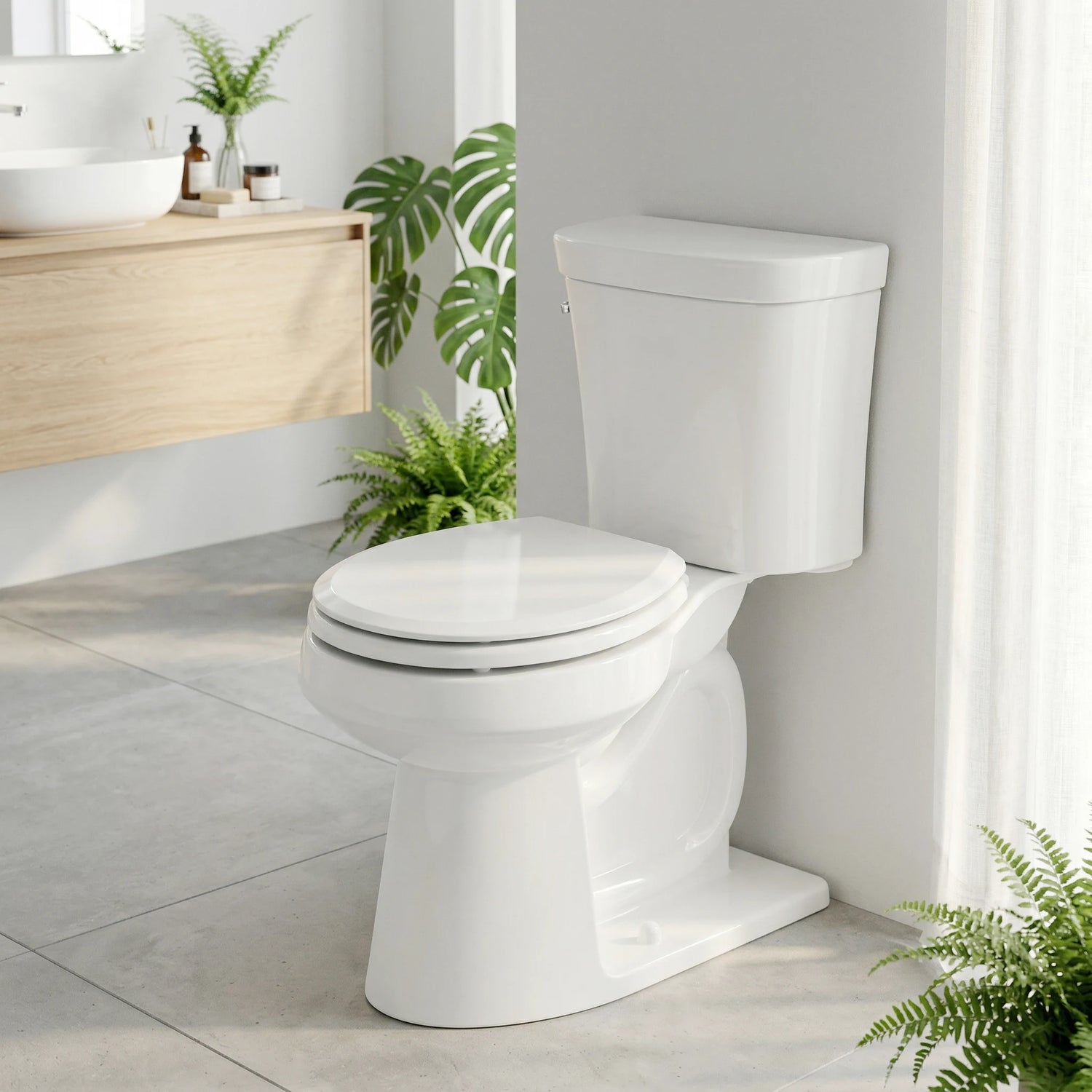Topseat Pro Elite white round wood toilet seat installed on a toilet in a bright modern bathroom