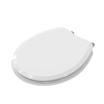 Topseat Pro Elite white round wood toilet seat with the lid closed, angled view