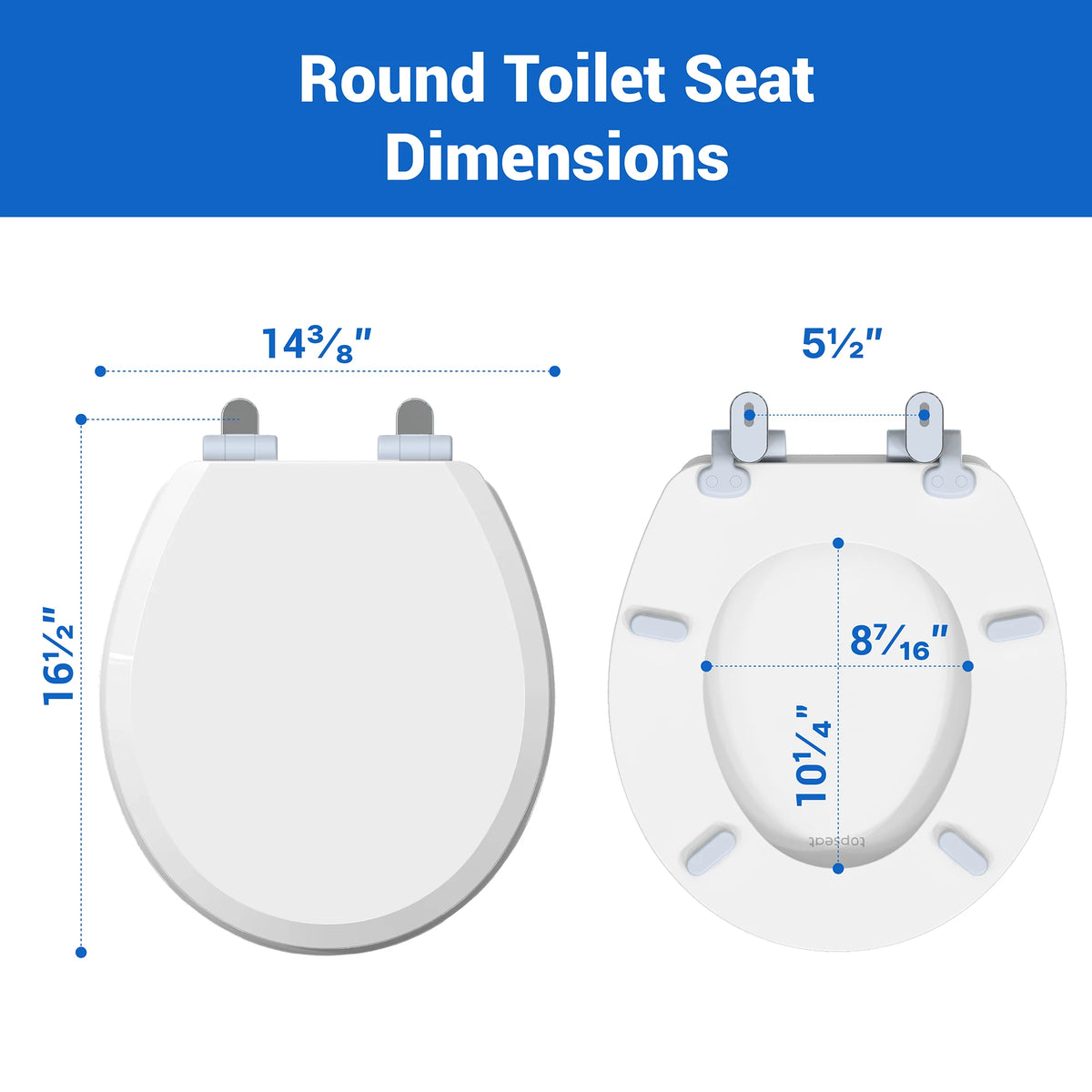 Topseat Pro Elite white round wood toilet seat dimensions, including length, width and mounting hole spacing