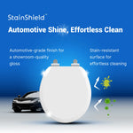 Topseat Pro Elite white round wood toilet seat infographic highlighting its high-gloss, easy-clean finish