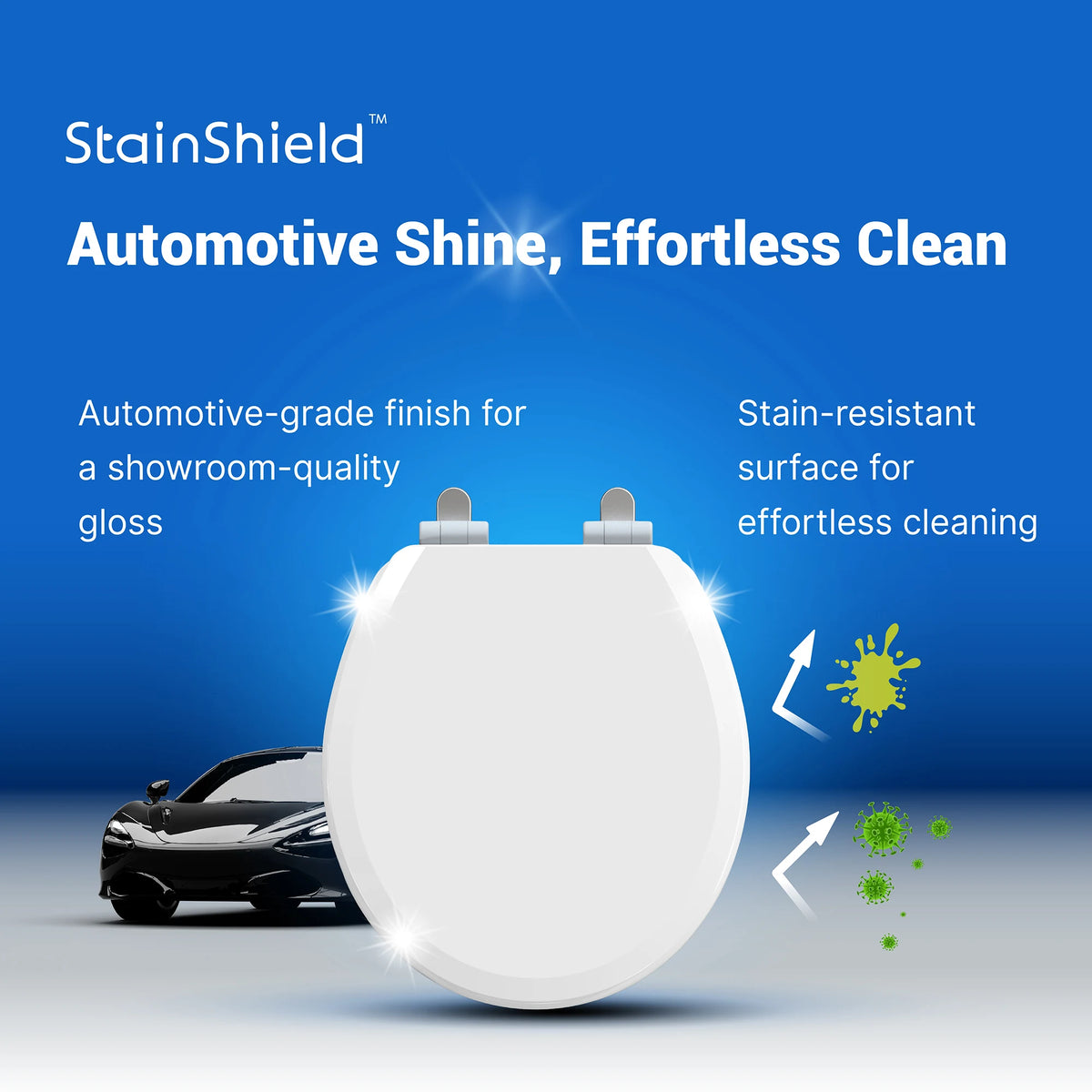 Topseat Pro Elite white round wood toilet seat infographic highlighting its high-gloss, easy-clean finish