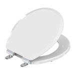Topseat Pro Elite white round wood toilet seat with the lid and seat partially open, angled view