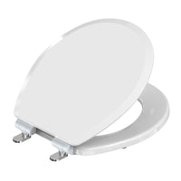 Topseat Pro Elite white round wood toilet seat with the lid and seat partially open, angled view