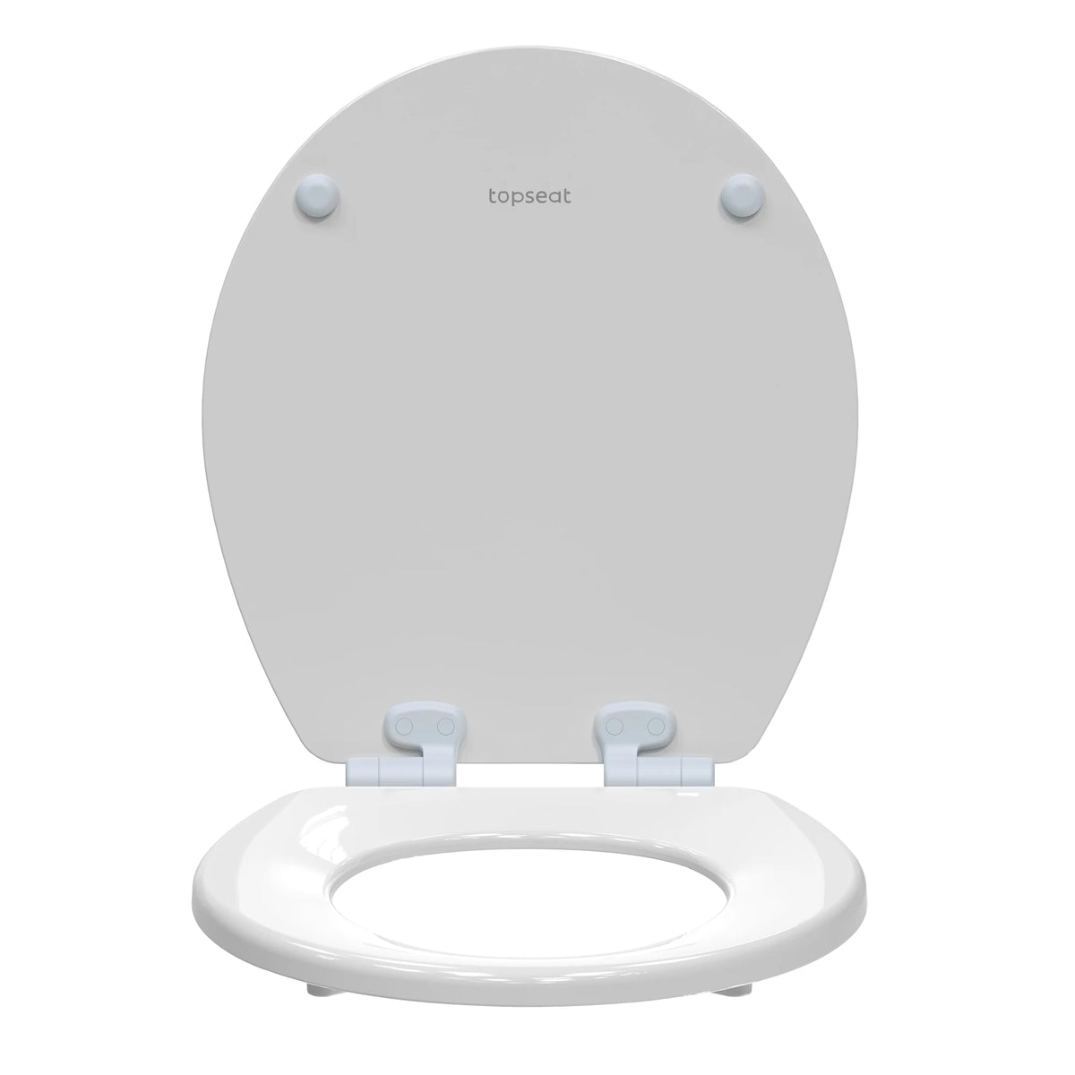 Topseat Pro Elite white round wood toilet seat with the lid upright and seat ring lowered, front view