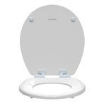 Topseat Pro Elite white round wood toilet seat with the lid upright and seat ring lowered, front view