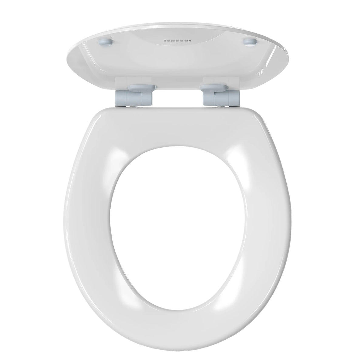 Topseat Pro Elite white round wood toilet seat viewed from above with the lid open