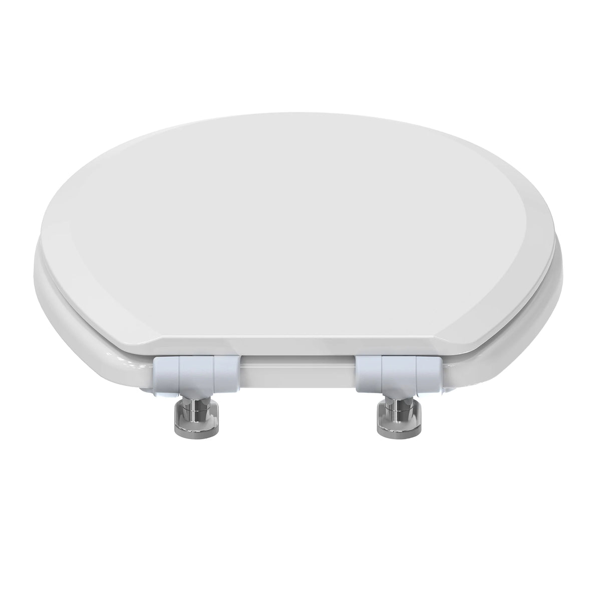 Topseat Pro Elite white round wood toilet seat with the lid closed and mounting hinges visible from the rear