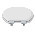 Topseat Pro Elite white round wood toilet seat with the lid closed and mounting hinges visible from the rear