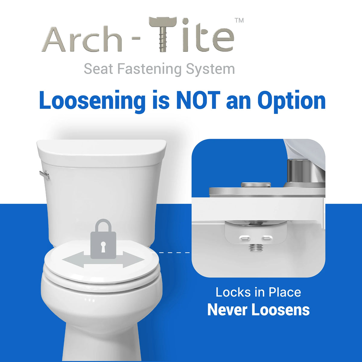 Topseat Pro Elite white round wood toilet seat with mounting hardware designed to resist loosening