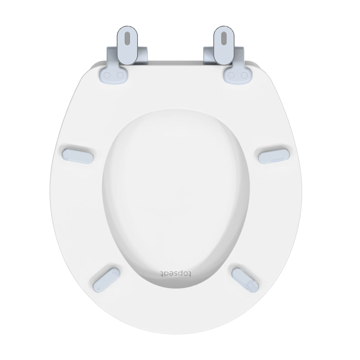 Topseat Pro Elite white round wood toilet seat underside with mounting hinges and four non-slip bumpers