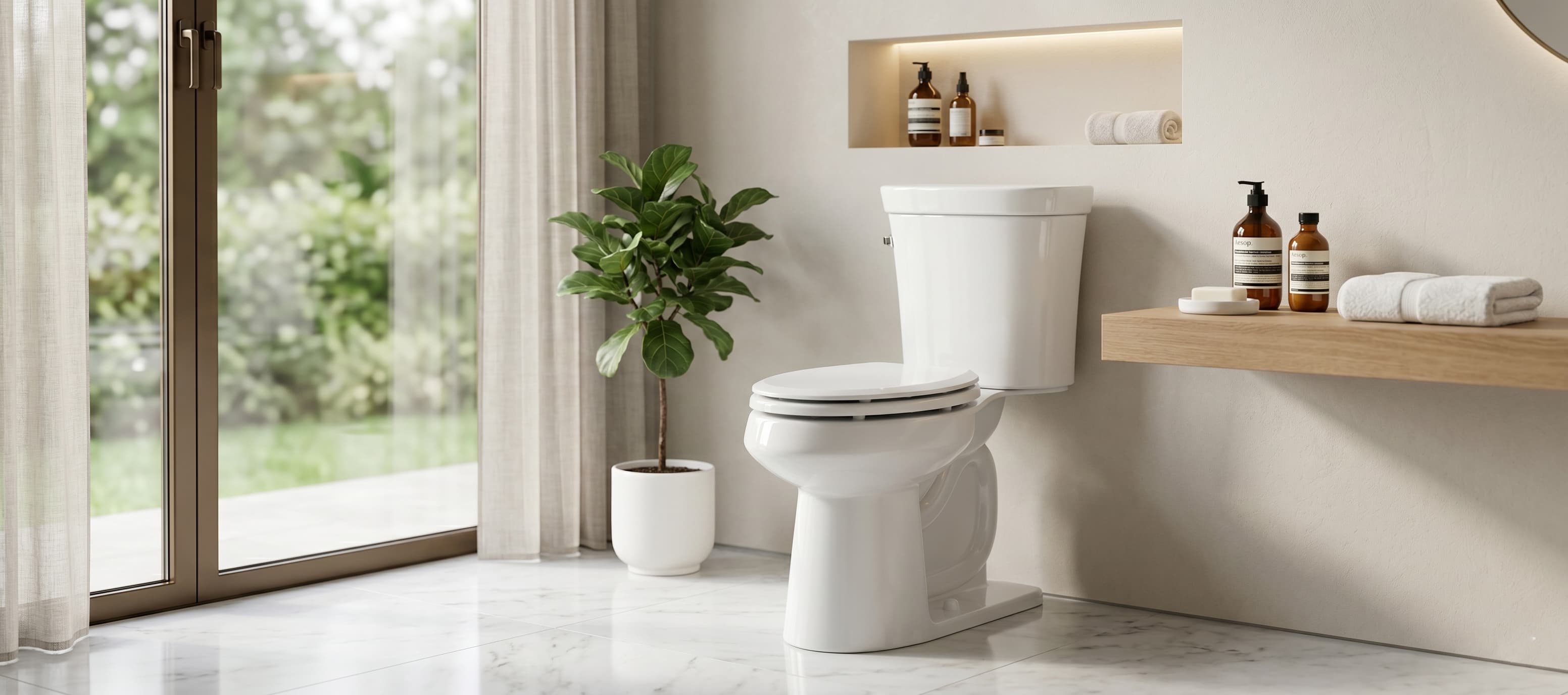 Topseat Pro Elite white wood toilet seat in a bright contemporary bathroom